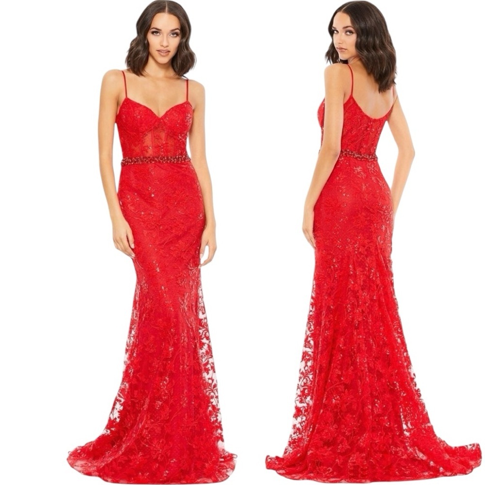 Mac Duggal Embroidered Illusion Bodice Trumpet Red Gown Style #12406 Size 10 NWT